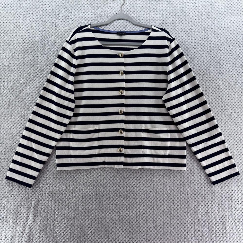 Talbots Cardigan Women 1X White Blue Striped Cotton Nautical Button Front Pocket
